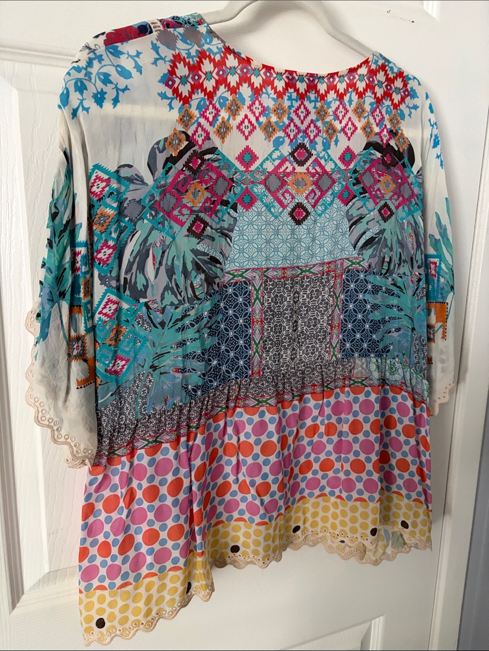 Johnny Was Multicolor Patchwork Boho Blouse - Blue, Pink, Yellow, Red - Picture 4 of 5